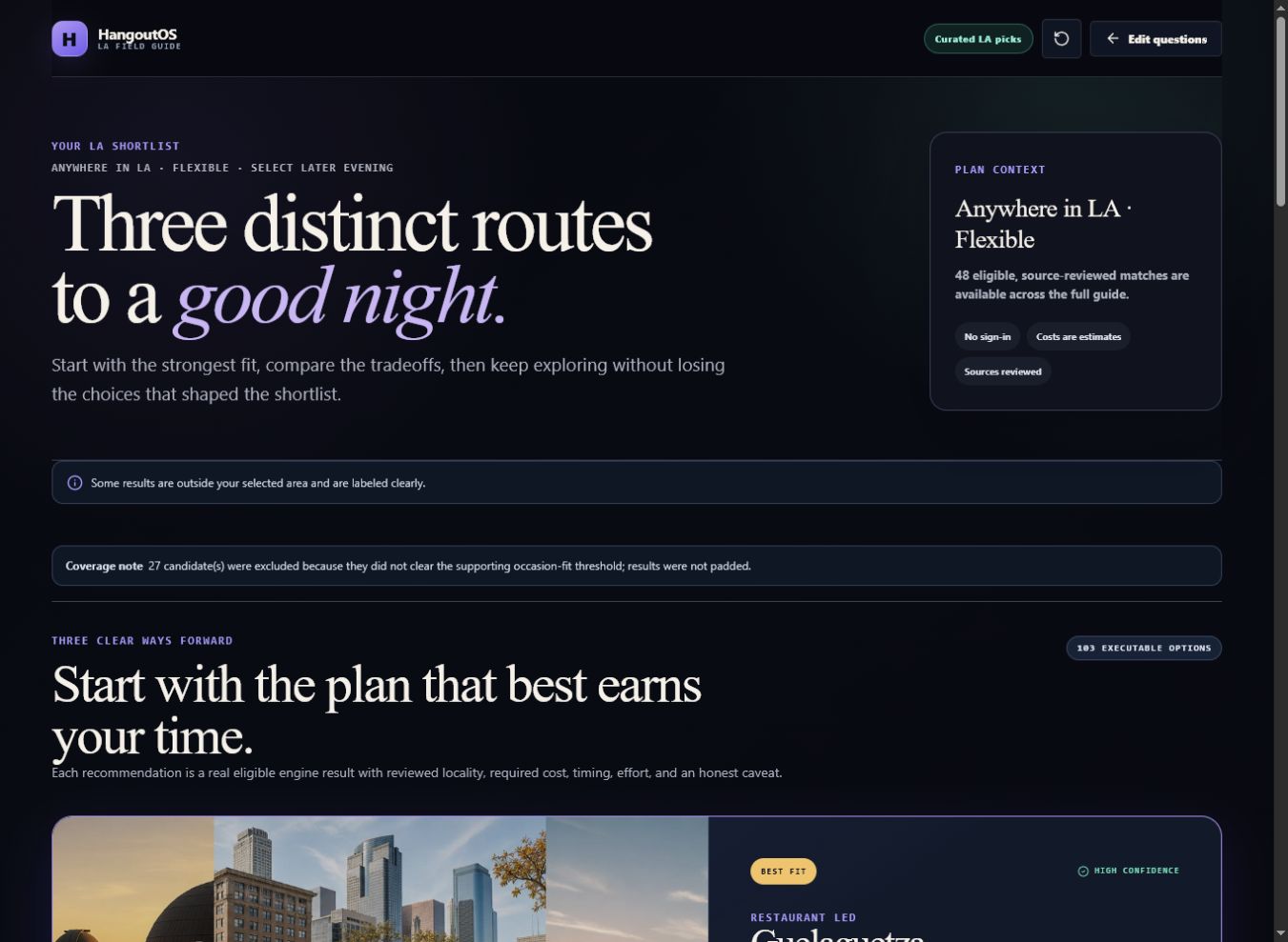 Hangout OS dark editorial desktop interface showing a Los Angeles shortlist and visible planning boundaries